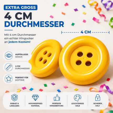 4x extra große gelbe Knöpfe – perfekt für Erwachsenen-Latzhosen für Damen & Herren, inspiriert von Mario & Waluigi, ideal für Kostüme zu Karneval & Fasching