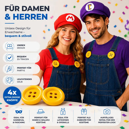 4x extra große gelbe Knöpfe – perfekt für Erwachsenen-Latzhosen für Damen & Herren, inspiriert von Mario & Waluigi, ideal für Kostüme zu Karneval & Fasching