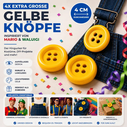 4x extra große gelbe Knöpfe – perfekt für Erwachsenen-Latzhosen für Damen & Herren, inspiriert von Mario & Waluigi, ideal für Kostüme zu Karneval & Fasching