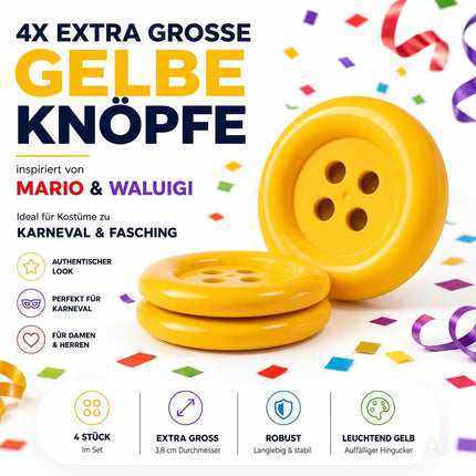 4x extra große gelbe Knöpfe – perfekt für Erwachsenen-Latzhosen für Damen & Herren, inspiriert von Mario & Waluigi, ideal für Kostüme zu Karneval & Fasching