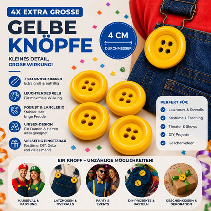 4x extra große gelbe Knöpfe – perfekt für Erwachsenen-Latzhosen für Damen & Herren, inspiriert von Mario & Waluigi, ideal für Kostüme zu Karneval & Fasching