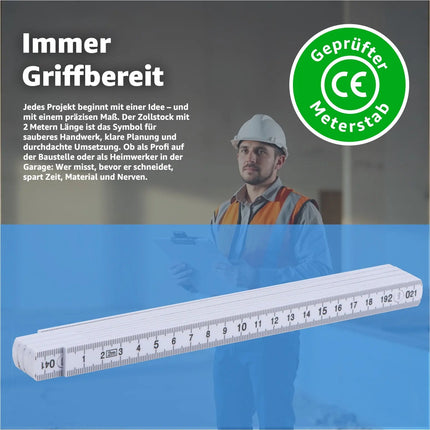 5 Stück Zollstock 2 Meter - Meterstab extra bruchsicher & Messgenau & leicht zu lesen - weiß