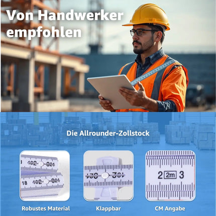 5 Stück Zollstock 2 Meter - Meterstab extra bruchsicher & Messgenau & leicht zu lesen - weiß