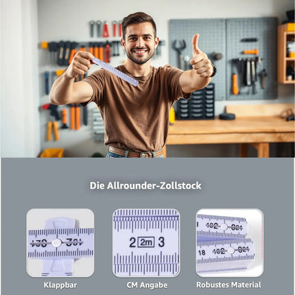 5 Stück Zollstock 2 Meter - Meterstab extra bruchsicher & Messgenau & leicht zu lesen - weiß