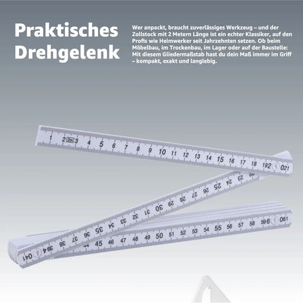 5 Stück Zollstock 2 Meter - Meterstab extra bruchsicher & Messgenau & leicht zu lesen - weiß