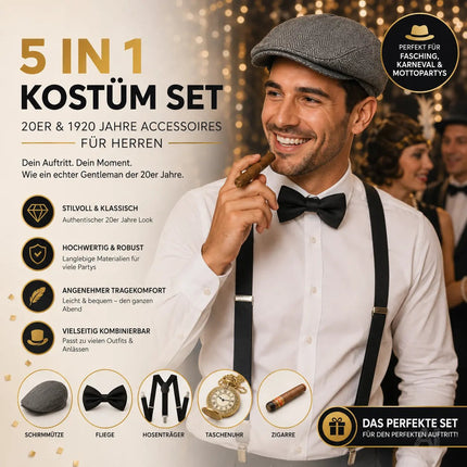 5 in 1 Kostüm – 20er & 1920 Jahre Accessoires Herren Männer Set – Verkleidung wie Gatsby, Charleston für Fasching & Karneval – Kostüm & Fastnachtskostüme