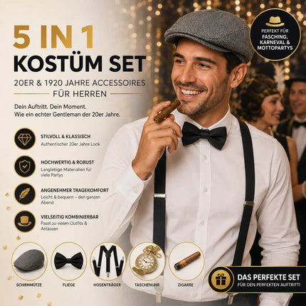 5 in 1 Kostüm – 20er & 1920 Jahre Accessoires Herren Männer Set – Verkleidung wie Gatsby, Charleston für Fasching & Karneval – Kostüm & Fastnachtskostüme