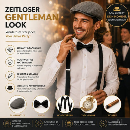 5 in 1 Kostüm – 20er & 1920 Jahre Accessoires Herren Männer Set – Verkleidung wie Gatsby, Charleston für Fasching & Karneval – Kostüm & Fastnachtskostüme