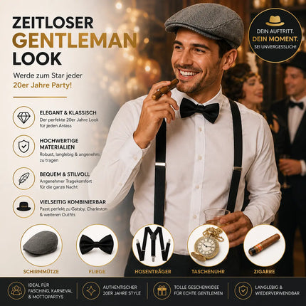 5 in 1 Kostüm – 20er & 1920 Jahre Accessoires Herren Männer Set – Verkleidung wie Gatsby, Charleston für Fasching & Karneval – Kostüm & Fastnachtskostüme