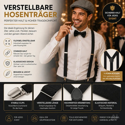 5 in 1 Kostüm – 20er & 1920 Jahre Accessoires Herren Männer Set – Verkleidung wie Gatsby, Charleston für Fasching & Karneval – Kostüm & Fastnachtskostüme
