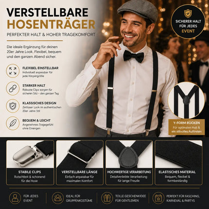 5 in 1 Kostüm – 20er & 1920 Jahre Accessoires Herren Männer Set – Verkleidung wie Gatsby, Charleston für Fasching & Karneval – Kostüm & Fastnachtskostüme
