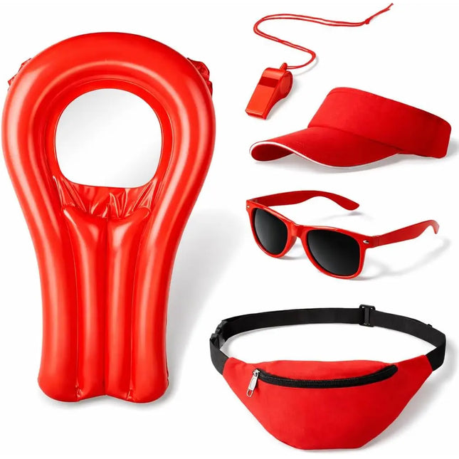 5 in 1 Lifeguard Set wie Baywatch – Fasching Kostüm Karneval Verkleidung Rettungschwimmer Bademeister mit Boje Rettungsring Rettungsbrett Schwimmboje Herren & Damen