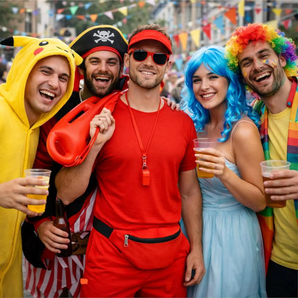 5 in 1 Lifeguard Set wie Baywatch – Fasching Kostüm Karneval Verkleidung Rettungschwimmer Bademeister mit Boje Rettungsring Rettungsbrett Schwimmboje Herren & Damen