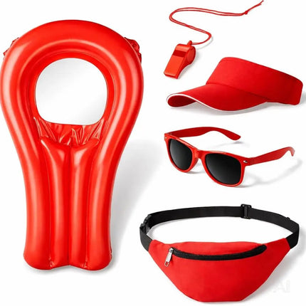 5 in 1 Lifeguard Set wie Baywatch – Fasching Kostüm Karneval Verkleidung Rettungschwimmer Bademeister mit Boje Rettungsring Rettungsbrett Schwimmboje Herren & Damen