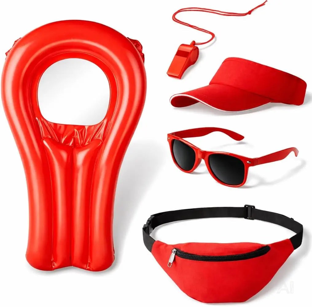 5 in 1 Lifeguard Set wie Baywatch – Fasching Kostüm Karneval Verkleidung Rettungschwimmer Bademeister mit Boje Rettungsring Rettungsbrett Schwimmboje Herren & Damen