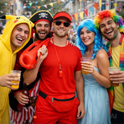 5 in 1 Lifeguard Set wie Baywatch – Fasching Kostüm Karneval Verkleidung Rettungschwimmer Bademeister mit Boje Rettungsring Rettungsbrett Schwimmboje Herren & Damen