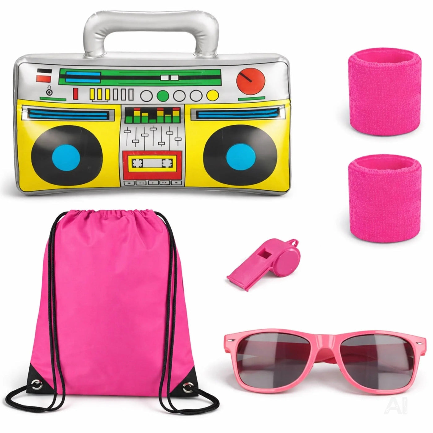 5 in 1 Retro Set - Retro neon 80er 90er Outfit Fasching & Karneval – XXL Retro Set mit Schweißband als Accessoire Vokuhila Kostüm