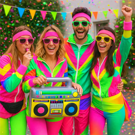 5 in 1 Retro Set - Retro neon 80er 90er Outfit Fasching & Karneval – XXL Retro Set mit Schweißband als Accessoire Vokuhila Kostüm