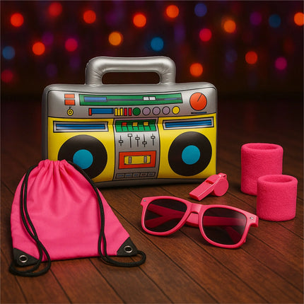 5 in 1 Retro Set - Retro neon 80er 90er Outfit Fasching & Karneval – XXL Retro Set mit Schweißband als Accessoire Vokuhila Kostüm