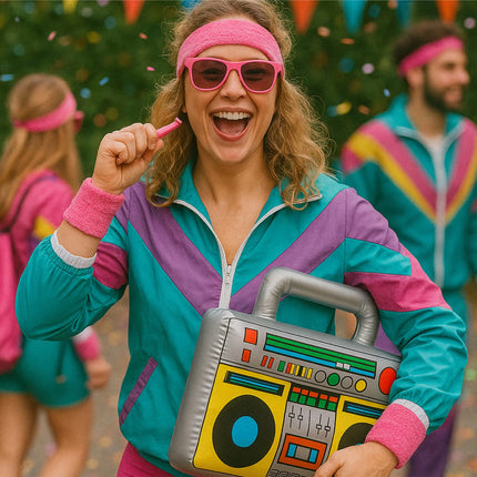 5 in 1 Retro Set - Retro neon 80er 90er Outfit Fasching & Karneval – XXL Retro Set mit Schweißband als Accessoire Vokuhila Kostüm