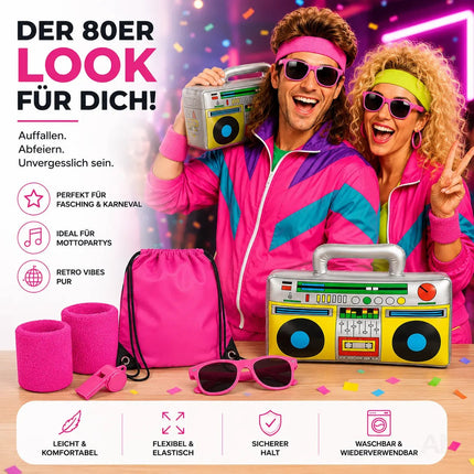 5 in 1 Retro Set - Retro neon 80er 90er Outfit Fasching & Karneval – XXL Retro Set mit Schweißband als Accessoire Vokuhila Kostüm