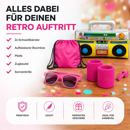 5 in 1 Retro Set - Retro neon 80er 90er Outfit Fasching & Karneval – XXL Retro Set mit Schweißband als Accessoire Vokuhila Kostüm