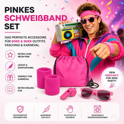 5 in 1 Retro Set - Retro neon 80er 90er Outfit Fasching & Karneval – XXL Retro Set mit Schweißband als Accessoire Vokuhila Kostüm