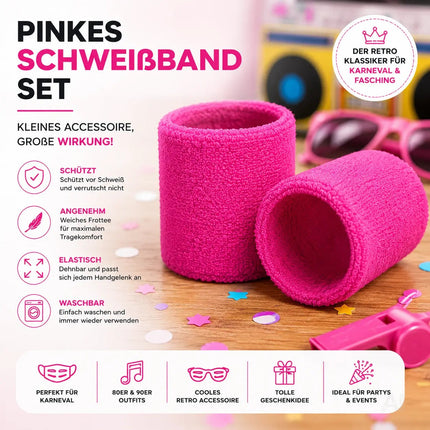 5 in 1 Retro Set - Retro neon 80er 90er Outfit Fasching & Karneval – XXL Retro Set mit Schweißband als Accessoire Vokuhila Kostüm