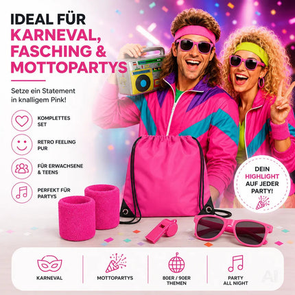 5 in 1 Retro Set - Retro neon 80er 90er Outfit Fasching & Karneval – XXL Retro Set mit Schweißband als Accessoire Vokuhila Kostüm