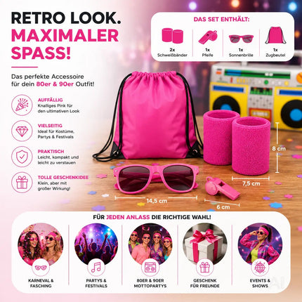 5 in 1 Retro Set - Retro neon 80er 90er Outfit Fasching & Karneval – XXL Retro Set mit Schweißband als Accessoire Vokuhila Kostüm