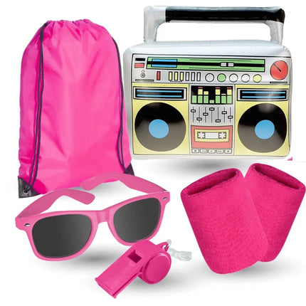 5 in 1 - Retro pink Fasching Kostüm Set mit Schweißbänder & Ghettoblaster uvm. - als Accessoire Vokuhila