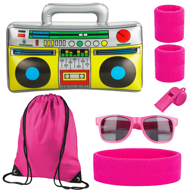 5 in 1 - Retro pink Fasching Kostüm Set mit Schweißbänder & Ghettoblaster uvm. - als Accessoire Vokuhila