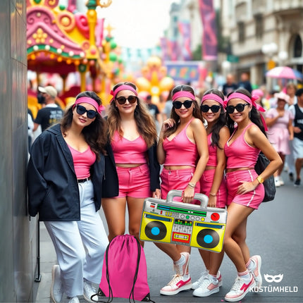 5 in 1 - Retro pink Fasching Kostüm Set mit Schweißbänder & Ghettoblaster uvm. - als Accessoire Vokuhila