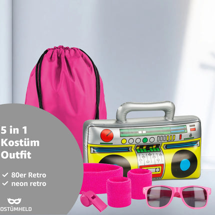 5 in 1 - Retro pink Fasching Kostüm Set mit Schweißbänder & Ghettoblaster uvm. - als Accessoire Vokuhila