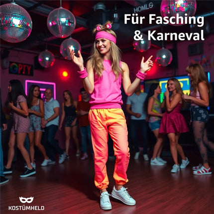 5 in 1 - Retro pink Fasching Kostüm Set mit Schweißbänder & Ghettoblaster uvm. - als Accessoire Vokuhila