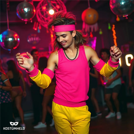 5 in 1 - Retro pink Fasching Kostüm Set mit Schweißbänder & Ghettoblaster uvm. - als Accessoire Vokuhila