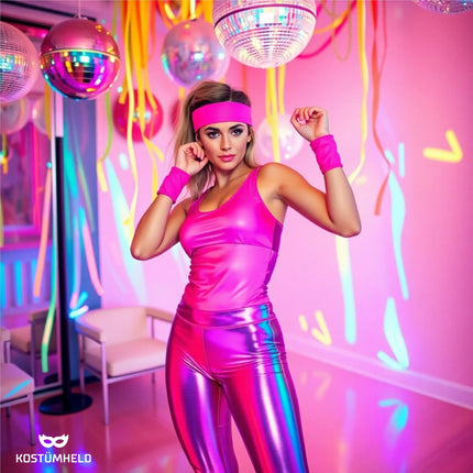5 in 1 - Retro pink Fasching Kostüm Set mit Schweißbänder & Ghettoblaster uvm. - als Accessoire Vokuhila