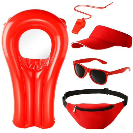 5-in-1 Rettungsschwimmer Kostüm inspiriert von Baywatch – Lifeguard Set mit Boje, Rettungsring