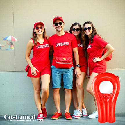 5-in-1 Rettungsschwimmer Kostüm inspiriert von Baywatch – Lifeguard Set mit Boje, Rettungsring & Zubehör für Fasching & Karneval für Damen & Herren