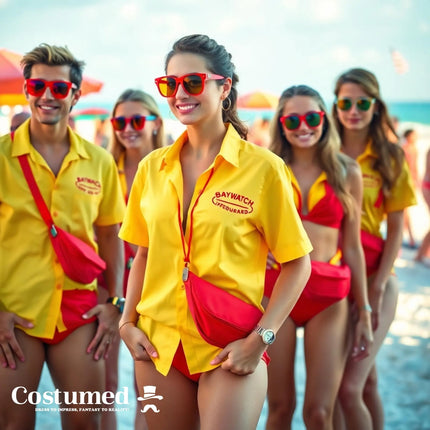 5-in-1 Rettungsschwimmer Kostüm inspiriert von Baywatch – Lifeguard Set mit Boje, Rettungsring & Zubehör für Fasching & Karneval für Damen & Herren