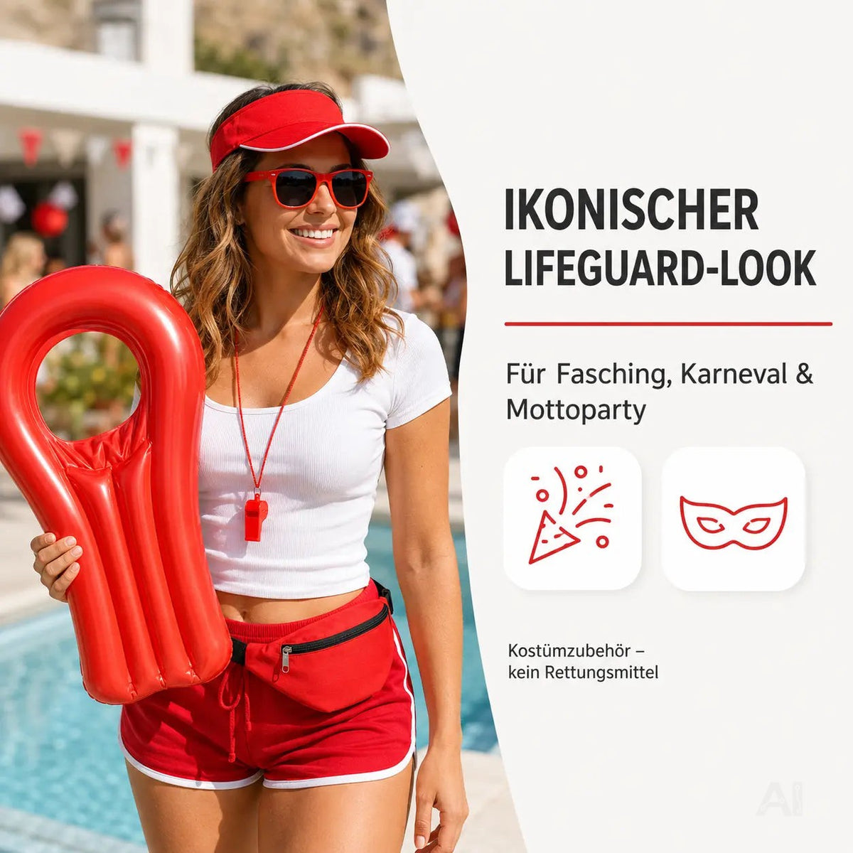 5-in-1 Rettungsschwimmer Kostüm inspiriert von Baywatch – Lifeguard Set mit Boje, Rettungsring – Detailansicht 2