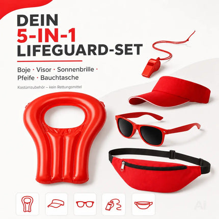 5-in-1 Rettungsschwimmer Kostüm inspiriert von Baywatch – Lifeguard Set mit Boje, Rettungsring – Detailansicht 3