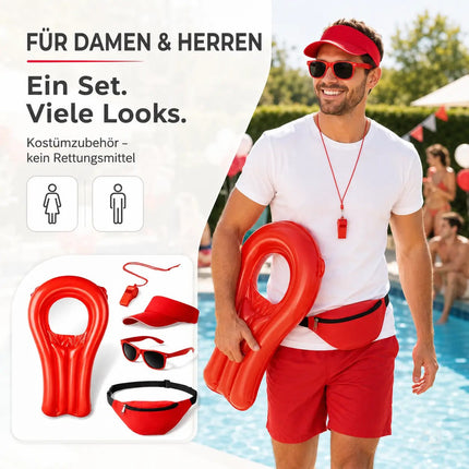 5-in-1 Rettungsschwimmer Kostüm inspiriert von Baywatch – Lifeguard Set mit Boje, Rettungsring – Detailansicht 4