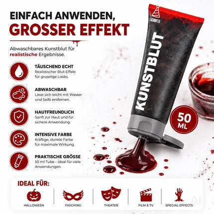 50 ml Blut - abwaschbar & täuschend echt - &Kunstblut zum Schminken - Fake Blood Verkleiden - Halloween & Fasching