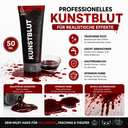 50 ml Blut - abwaschbar & täuschend echt - &Kunstblut zum Schminken - Fake Blood Verkleiden - Halloween & Fasching