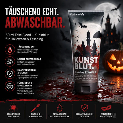 50 ml Fake Blood - Blut - täuschend echt & abwaschbar - Kunstblut - für Halloween & Fasching zum Schminken und Verkleiden