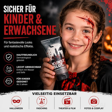 50 ml Fake Blood - Blut - täuschend echt & abwaschbar - Kunstblut - für Halloween & Fasching zum Schminken und Verkleiden
