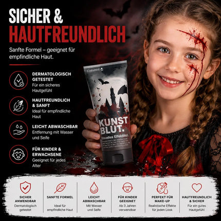 50 ml Fake Blood - Blut - täuschend echt & abwaschbar - Kunstblut - für Halloween & Fasching zum Schminken und Verkleiden