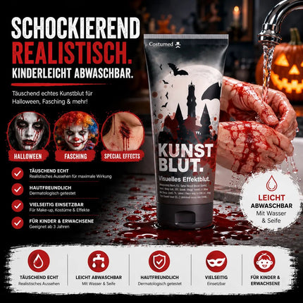 50 ml Fake Blood - Blut - täuschend echt & abwaschbar - Kunstblut - für Halloween & Fasching zum Schminken und Verkleiden