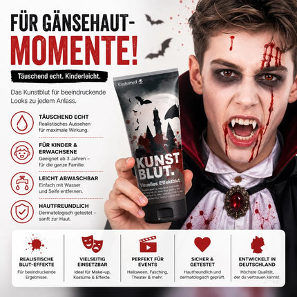 50 ml Fake Blood - Blut - täuschend echt & abwaschbar - Kunstblut - für Halloween & Fasching zum Schminken und Verkleiden
